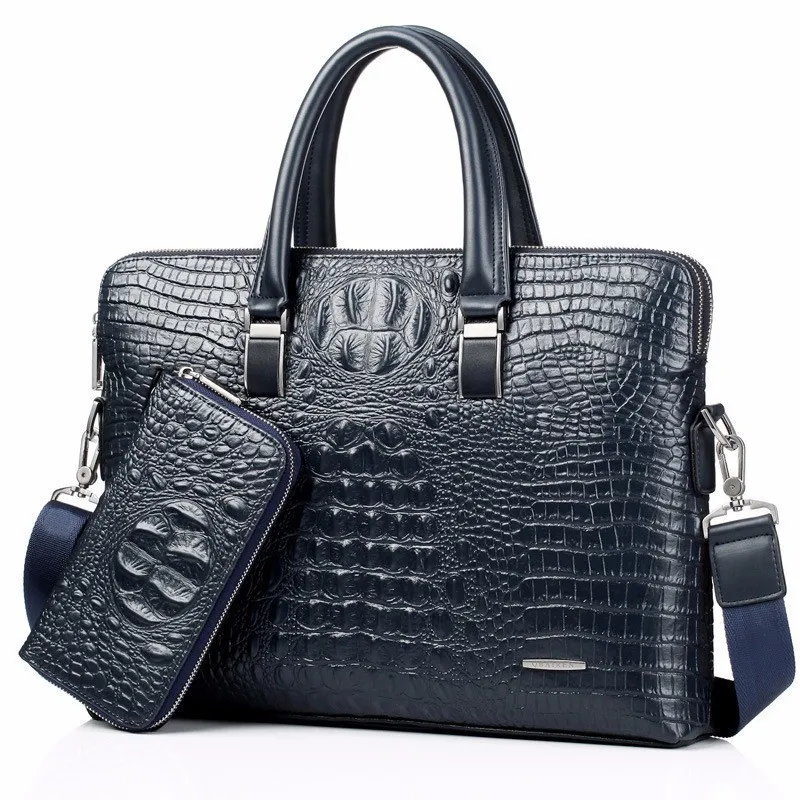 

blue Crocodile Genuine Leather laptop bag Male Top-handle Men Messenger Bags Alligator Shoulder Tote Masculina vintage briefcase