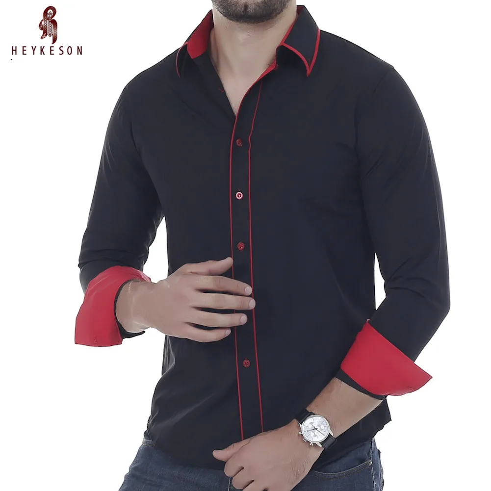HEYKESON 2018 New Mens Long Sleeved Dress Shirts Double Collar Button