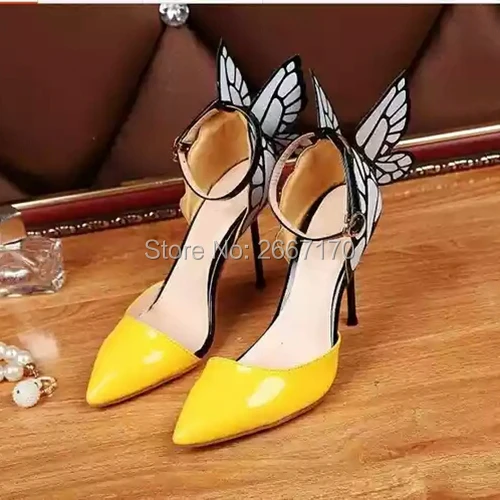 Mixed Colors Yellow Leather Ladies Party Wedding Shoes Hollow Out Thin High Heels  Butterfly Wings Ankle Strap Pointed Toe Pumps - Pumps - AliExpress