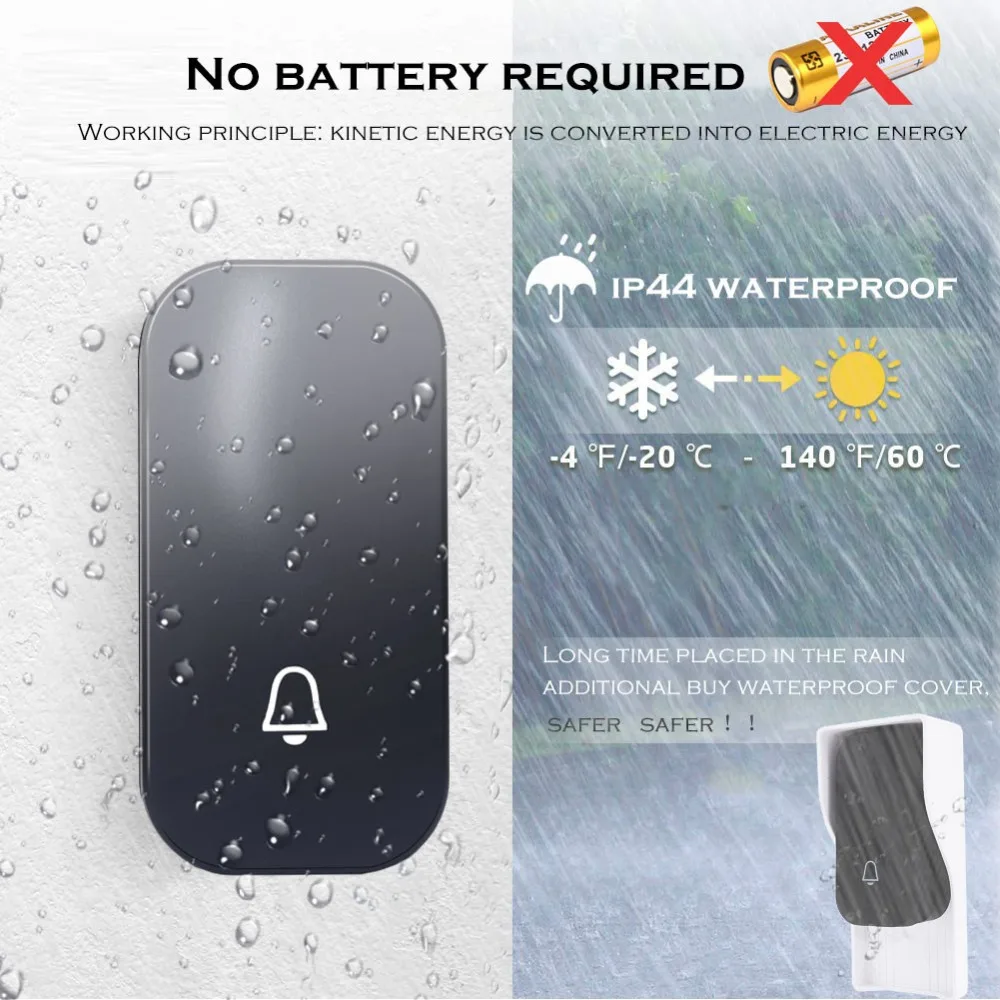 SMATRUL self powered New Waterproof Wireless Doorbell EU Plug 150M Remote smart Door Bell Chime ring 2 button 1 receiver no battery Deaf Gorgeous lighting black 3.0