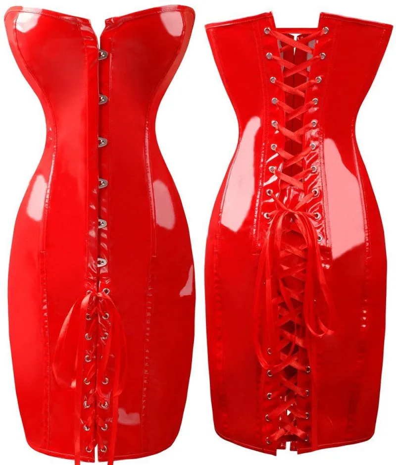 

New Fashion Women Red Long Leather Corset Sexy Gothic Corset Dress Off Shoulder Bodycon Clubwear Party Shiny PVC Leather Dress