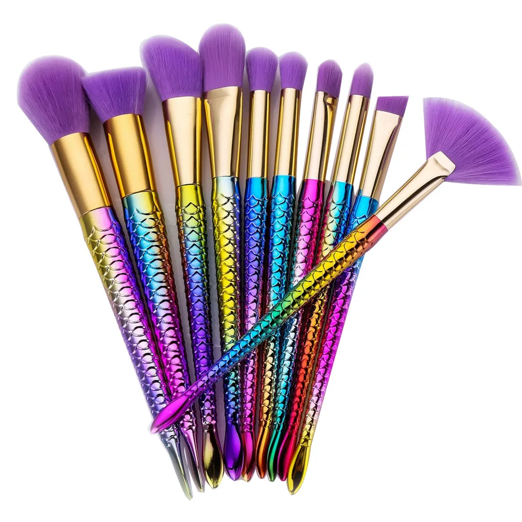 

New Arrival 10Pc Makeup Brushes set Professional with case Mermaid Foundation Eyeshadow Contour Eye Lip Makeup Brushes Set W10