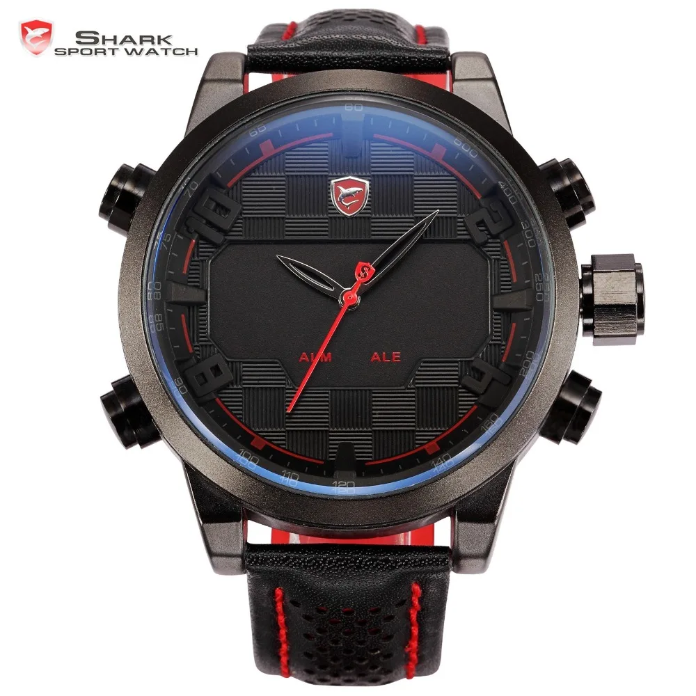 

Shark Watch Men LED Black Red Stainless Sport Watch Digital Dual Movement Leather Mens Waterproof Watches relogio masculino