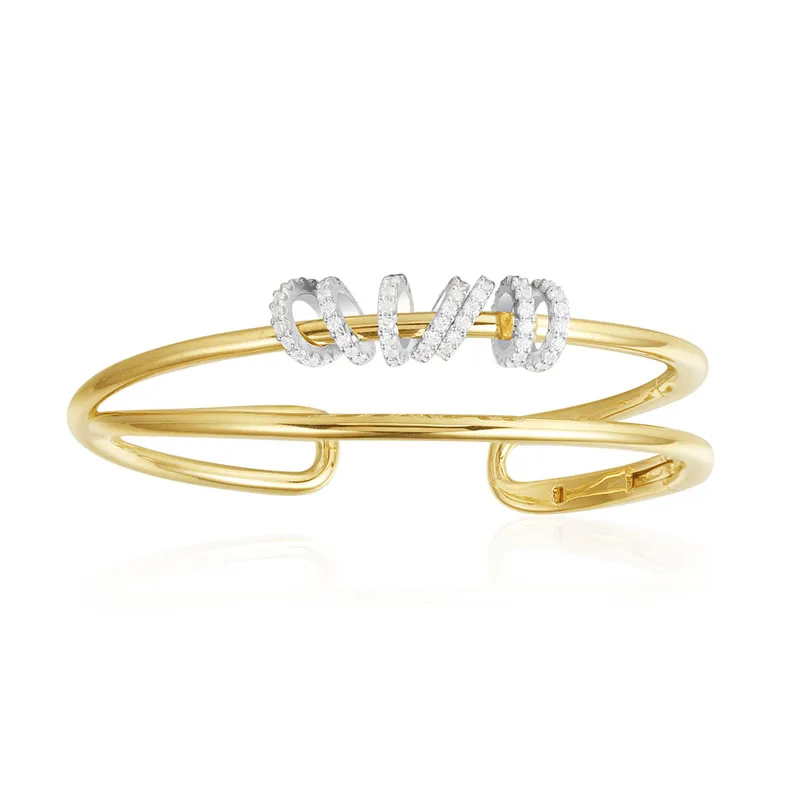 

SLJELY Real S925 Sterling Silver Yellow Gold Color Double Circles Open Cuff with Zircon Loops Bangle Women Luxury Brand Jewelry