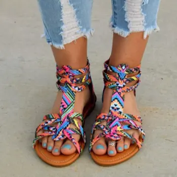 

Women Bohemia Colorful Summer Gladiator Flat Ankle Strap Sandals Shoes Lady Casual Sandals Shoes Plus Size 35-43