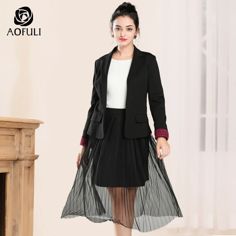 Женский блейзер AOFULI L ~ 3XL 4XL 5XL комплект из двух предметов с юбкой черный костюм