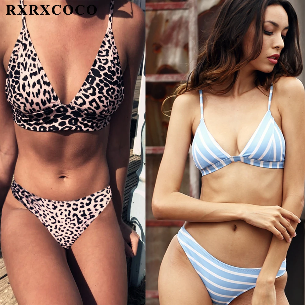 RXRXCOCO Striped Bikini Set Women Push Up Bikini Halter Bandage Swimsuit Female Padded Swimwear Low Waist Bathing Suit Biquini rainbow striped bardot bikini set