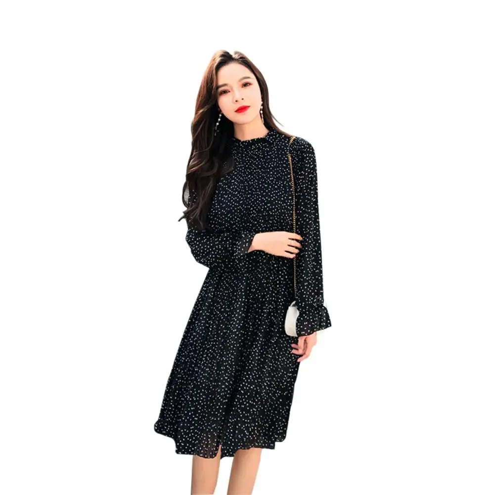 

2019 New Women Elegant Charming Standing Collar Dot Printing Pleated Casual Dress Vestidos