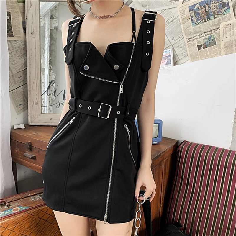 

Summer New gothic adjustable buckle strap high waist stripe plaid dress female chic color matching mini zip women dress