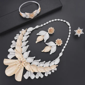 

4 PCS Trendy Leaf Nigeria Bridal Wedding Jewelry Sets CZ Indian African Wedding Necklace Earrings Bracelet Ring Jewelry Set