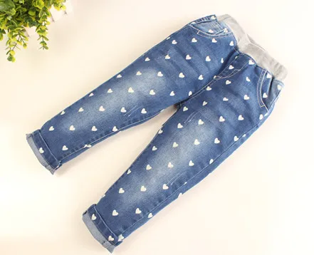 Джинсы для девочек с принтом сердечек, весенне-осенние хлопковые джинсы, Детские повседневные длинные штаны, детские брюки с эластичной резинкой на талии - Цвет: Синий