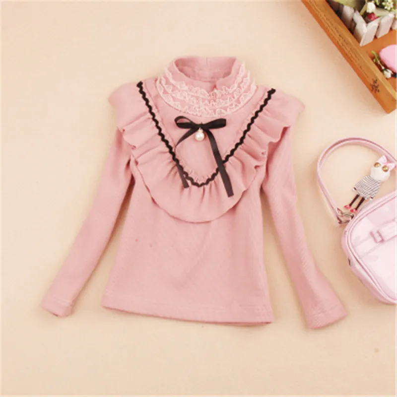 

School Girls New 2017 Baby Toddler Teenage Children Blouse White Long Sleeve Cotton Lace Pearl Bow Kids Girl Shirts Tops AA2487