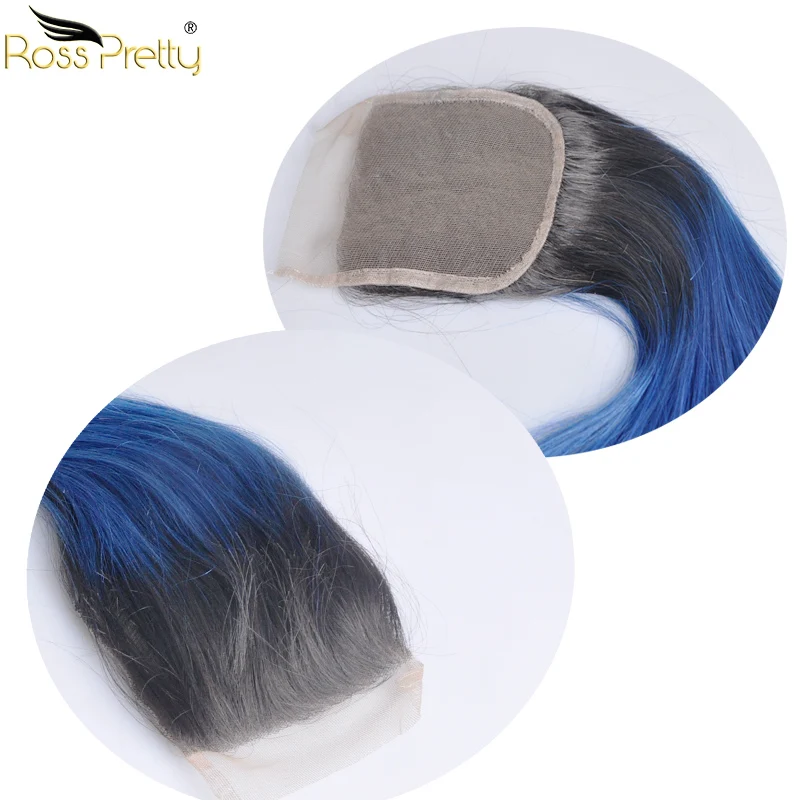 Ross Pretty Ombre Цвет 1b синий Remy человеческие волосы пучки с закрытием бразильские прямые волосы переплетения с кружевом