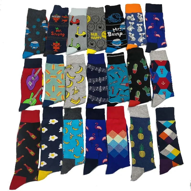 

5 Pair/lot Funny Cotton Men Socks Autumn And Winter Plaid Multi-color Novelty Car Animal Fruit Piano Sheet Music Sock Men