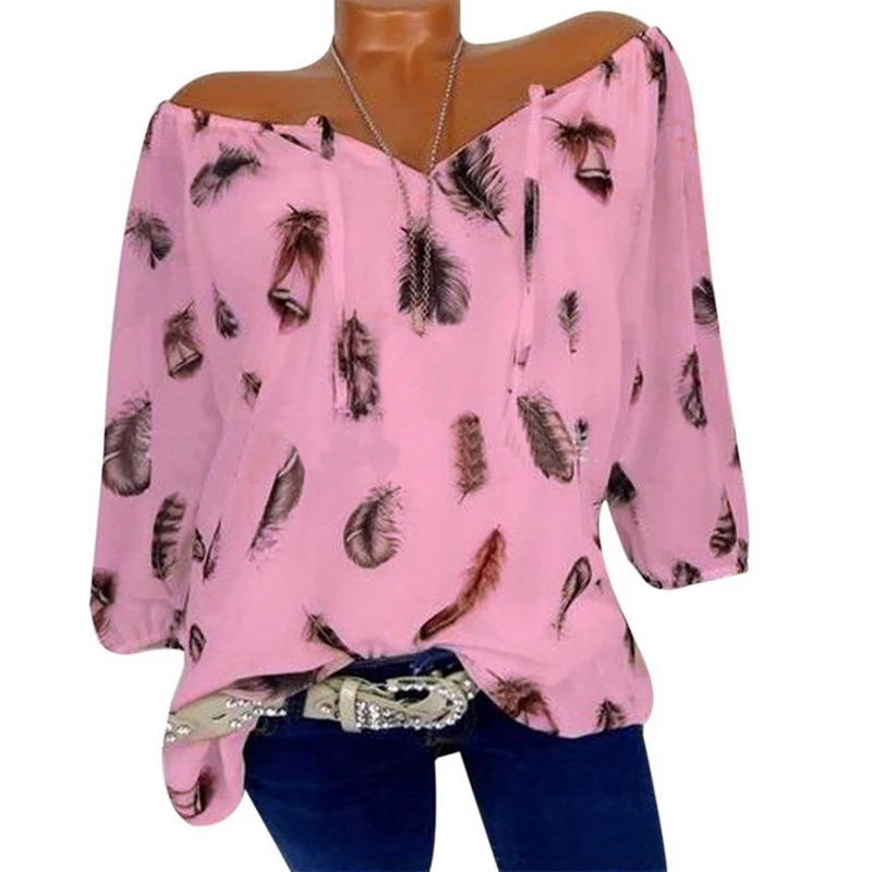 NIBESSER 2019 New Summer Feather Print Women Blouses V-neck Print Chiffon Blusas Sexy Tee Shirt Casual Blusa Female Plus Size