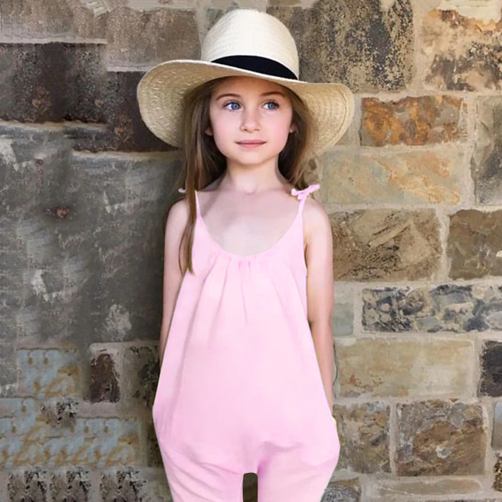 

Baby Girls Strap Jumpsuit Fashion Children Girls Pink Solid Suspenders Cotton Sleeveless Backless Overalls Kids Summer Playsuit
