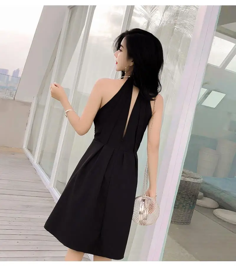 Halter Backless Sexy Women Dress Elegant Pearl Chain V Neck Sleeveless Evening Party Club Summer Dress Vestidos Female
