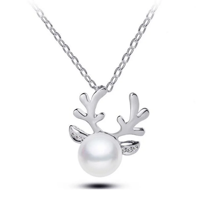 Модные популярные золотые серебряные рождественские жемчужные серьги с оленями для женщин, серьги-гвоздики и ожерелье для девочек, ювелирные изделия - Окраска металла: SilverNecklace