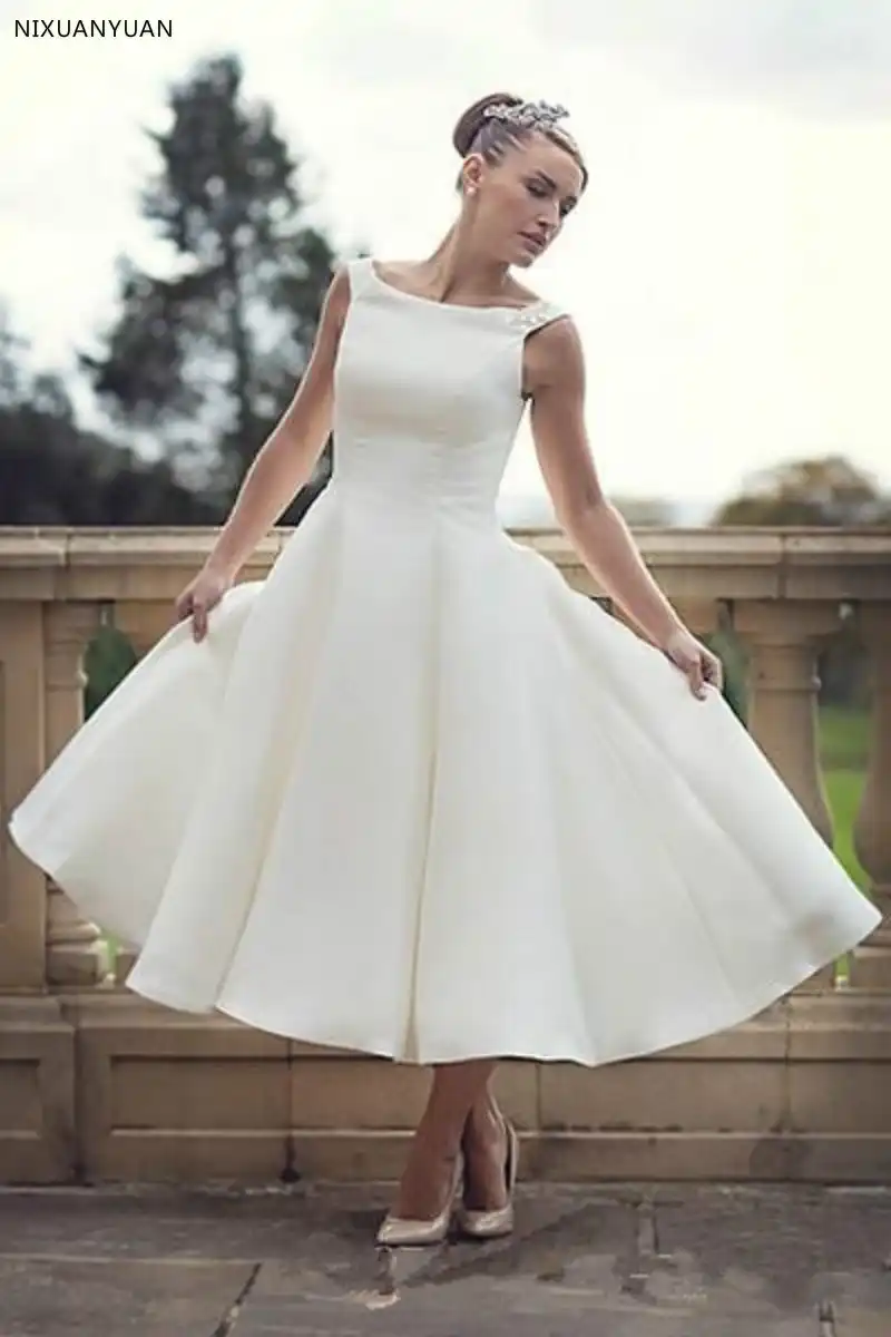 60s Vintage Short Tea Length Wedding Dresses Simple Scoop Neck