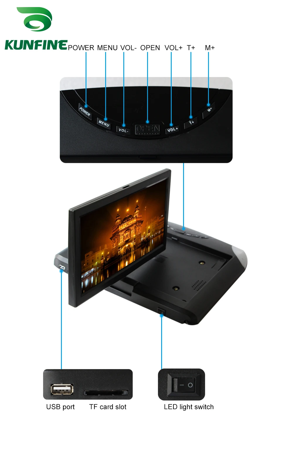 KUNFINE (10 Inch) Car Roof Monitor LCD Flip Down Screen Overhead Multimedia Video Ceiling Roof mount Display (Build in IRFM Transmitter USB ) (3)