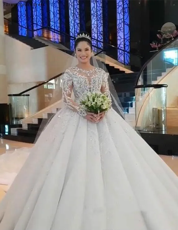 Modest Arabic Muslim Long Sleeves Wedding Dresses Puffy Ball Gowns Sheer Jewel Neck Appliques Sequins Beads Long Formal Bridal Gowns BC0895 239 (9)
