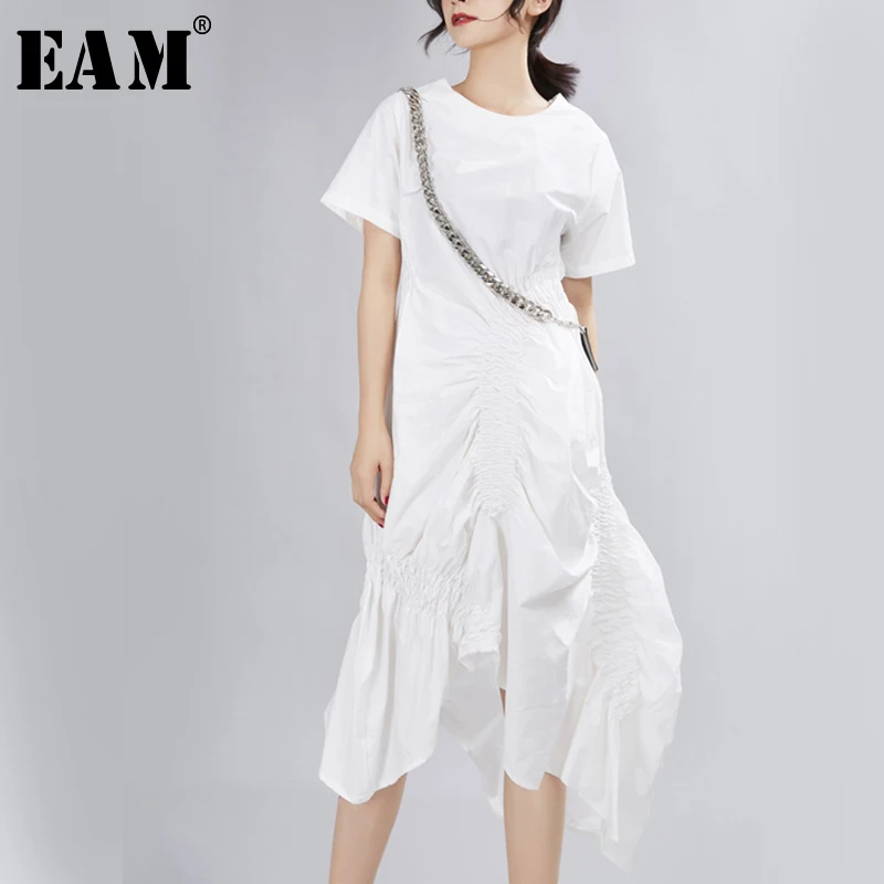 

[EAM] 2019 New Spring Summer Round Neck Short Sleeve Black Pleated Split Joint Loose Irregular Dress Women Fashion Tide JX339