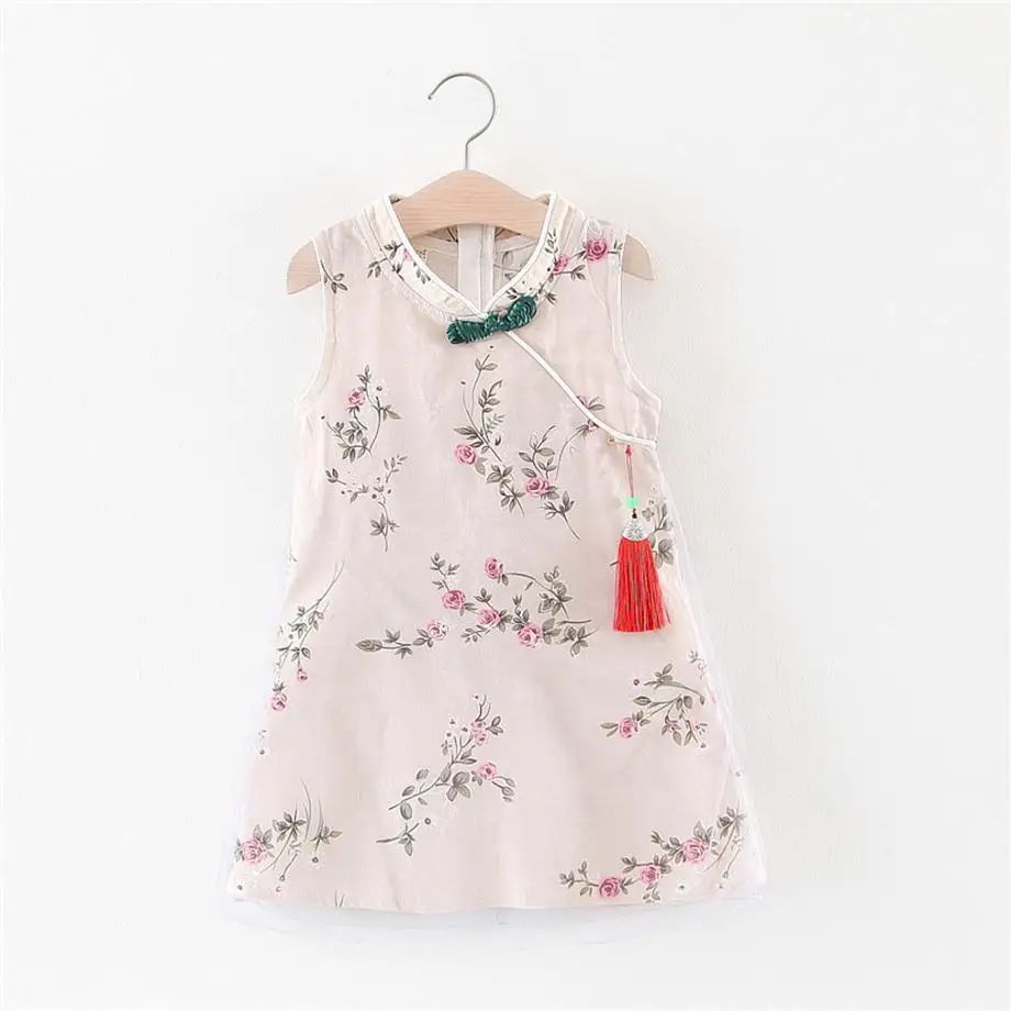 Платье для маленьких девочек; коллекция года; Брендовое платье принцессы без рукавов в китайском стиле с кисточками; Ципао для девочек; Детские платья для девочек