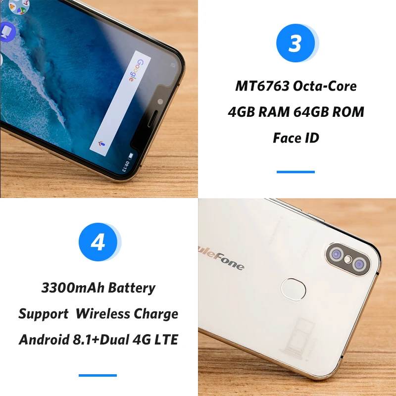 Ulefone X Android 8 1 мобильный телефон 5 85 &quotHD + MT6763 Восьмиядерный 4 Гб ОЗУ 64 ПЗУ Лицо ID 3300