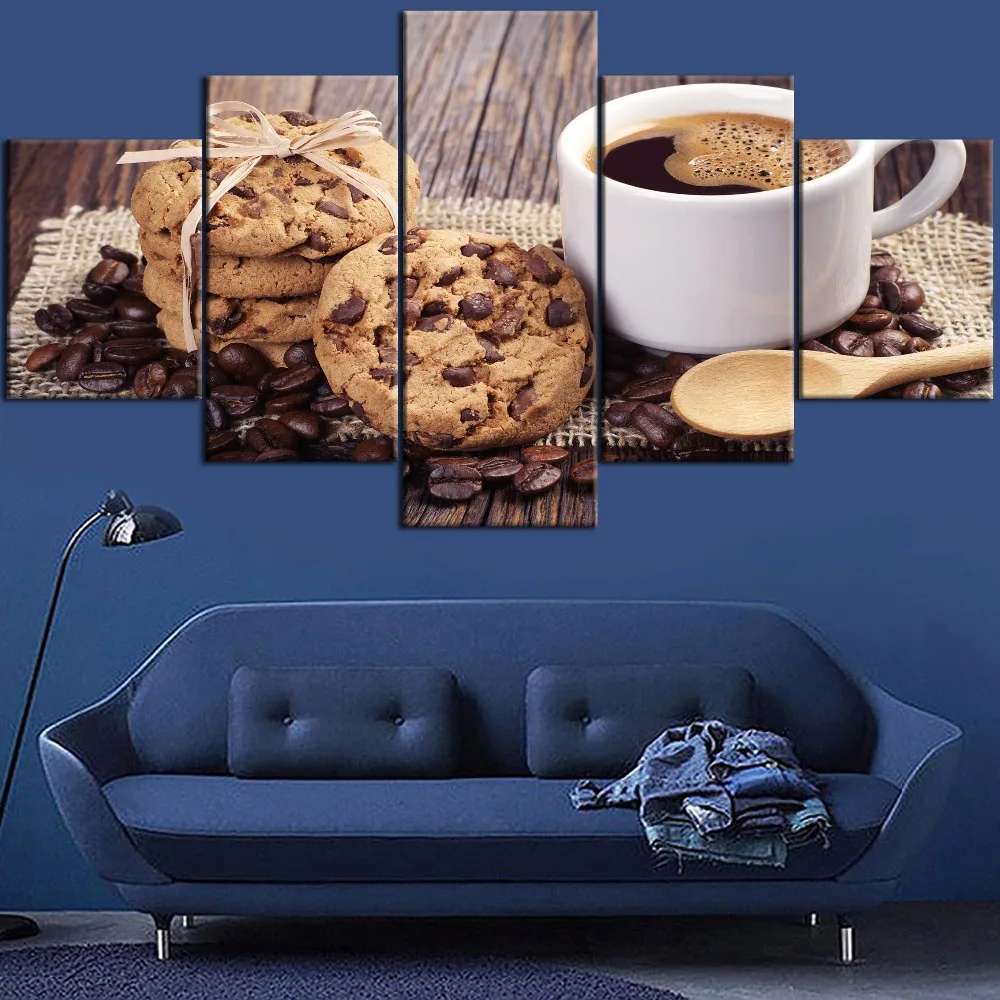 

Framework Canvas Painting 5 Pieces Printing Food Coffee Beans Cookie And Coffee Type Poster Home Decorative Modern Living Room