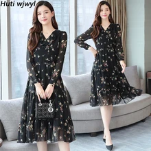 Vintage 5XL Plus Size Floral Chiffon Midi Dresses Autumn Winter Print Long Sleeve Dress Elegant Women Bodycon Party Vestido