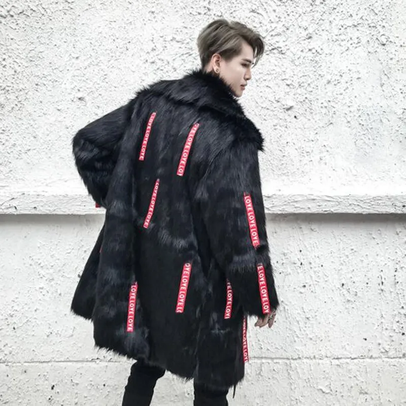 

2018 Men winter fur coat black fox faux windbreaker style fashion Man long hot in leisure Long Matching fur coat Red ribbon coat