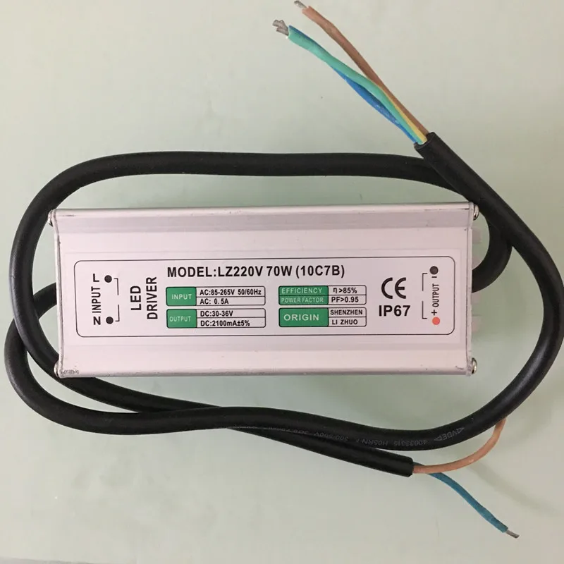 

70W IP67 Waterproof Integrated LED Driver Power Supply Constant Current AC85-265V 2100mA for 70W LED downlight/Bulb