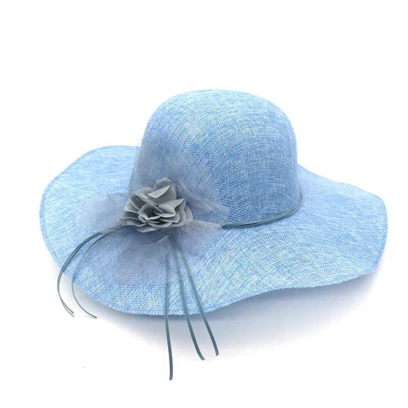 

2018 Wide Brim Beach Summer Sun Hats for Women Cambric Chapeu Feminino Organza Flower Faux Leather Bowknot Tie Female Straw Hats