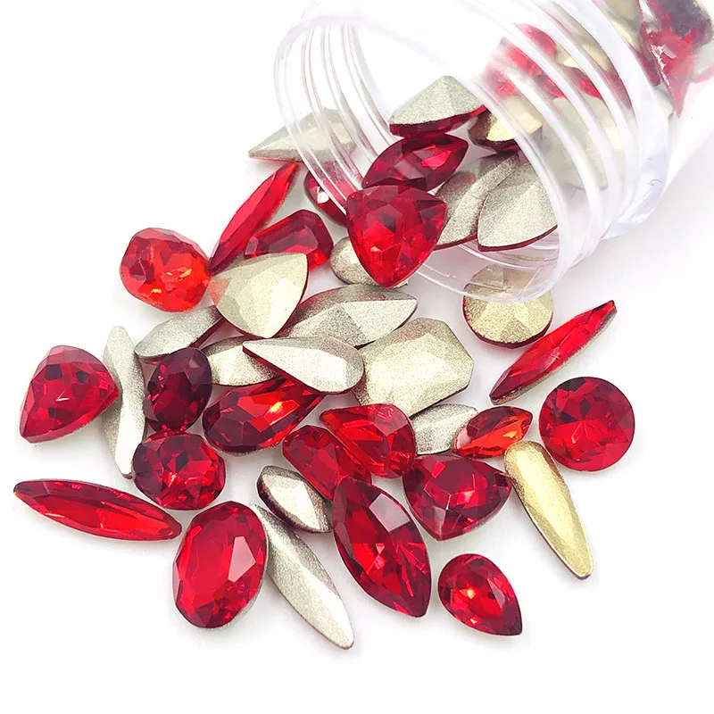 

Free shipping Red pointback glass Mix shape crystal rhinestones for nail decorations 20pcs/50pcs