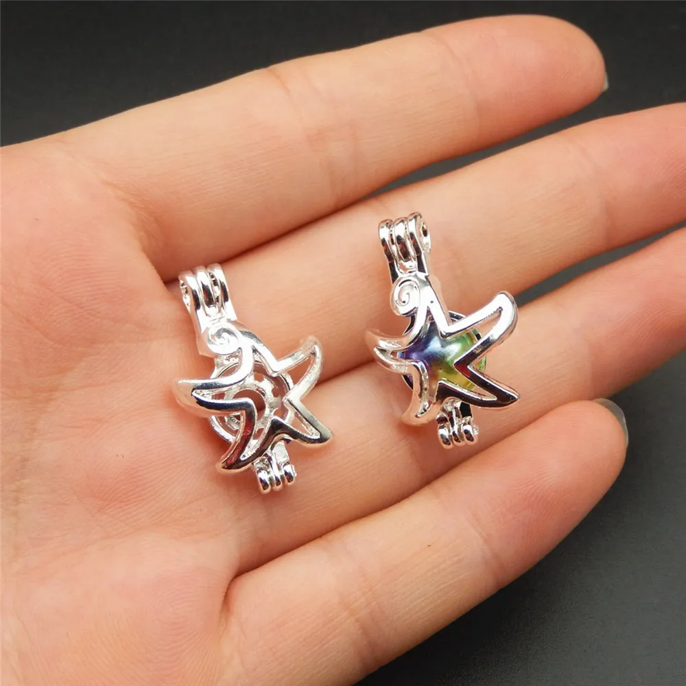 

10pcs bright silver starfish pearl cage necklace pendant, aroma oil diffuser adds your own pearl, stone makes it more attractive