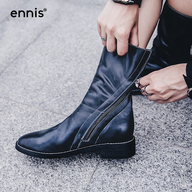 ENNIS 2018 European Designer Genuine Leather Women Zip Up Roman Boots