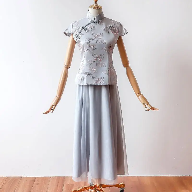 2 шт./компл., модное винтажное традиционное атласное китайское платье Qipao Cheongsam, китайское свадебное платье, 99 - Цвет: bluegray