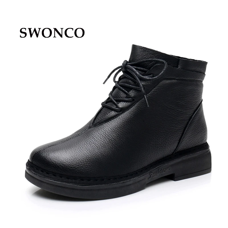 

SWONCO Women's Black Ankle Boots 2018 Winter Genuine Leather Flats Snowboot Women Boots Winter With Platform Fashion Ladies Boot
