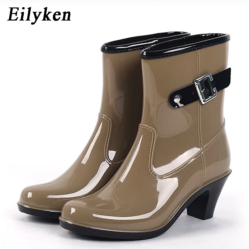 melhor Botas De Chuva As Mulheres Eilyken À Prova D Água Sapatos botas de Chuva De Borracha No Tornozelo Botas de Salto Alto Plus Size 36 39 Botines Mujer botas