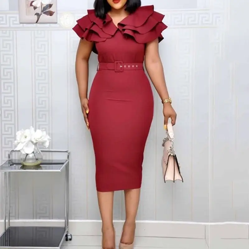 

Summer Plus Size Elegant Party Dress Women 2019 Wine Red Short Sleeve Ruffle Robe Vintage Ladies Sexy Split Bodycon Midi Dresses