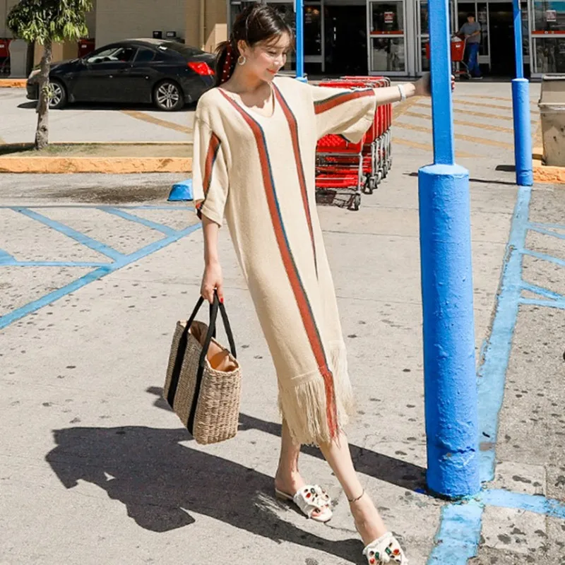 

New 2019 Summer High Quality Casual Knitted Dress Women Slim Holiday Long Sweater Stripe Tassels Dresses Loose Vestidos