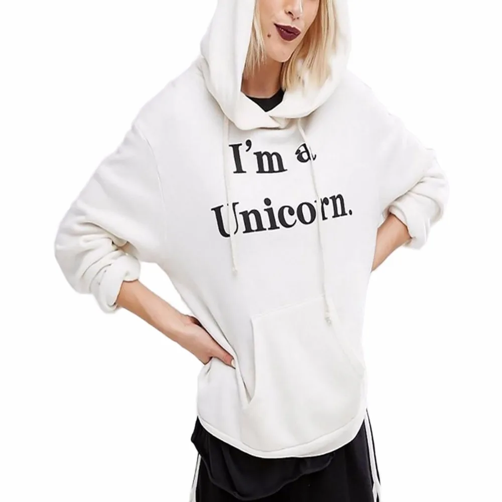 Women Fashion Unicorn Loose Long Sleeve Hooded Print Letter Hoodie Pullover Sweatshirt Coat For Autumn Winter #261015 | Женская одежда
