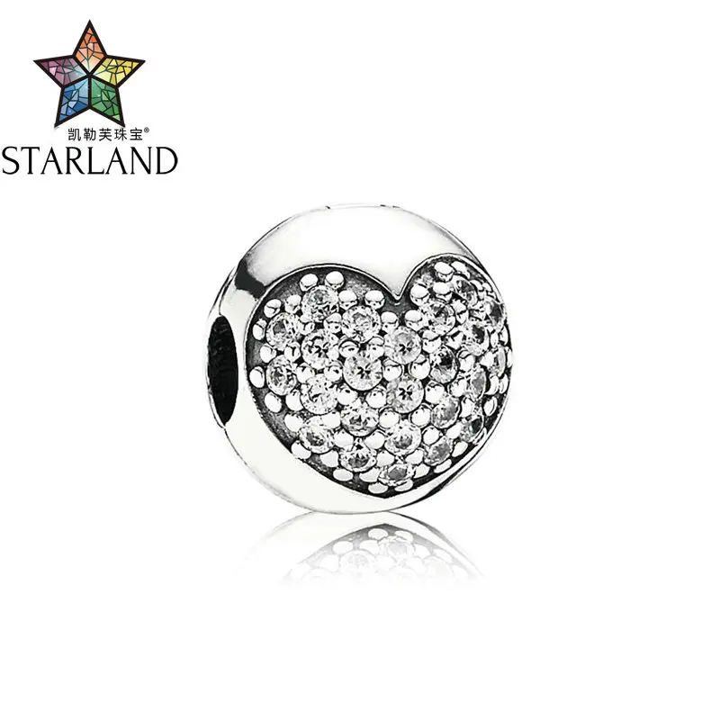 

Starland Fine 100% 925 Sterling Silver Elegance Clip Charms Pave Setting Heart CZ Bead fit Original Bracelet DIY Beads Jewelry
