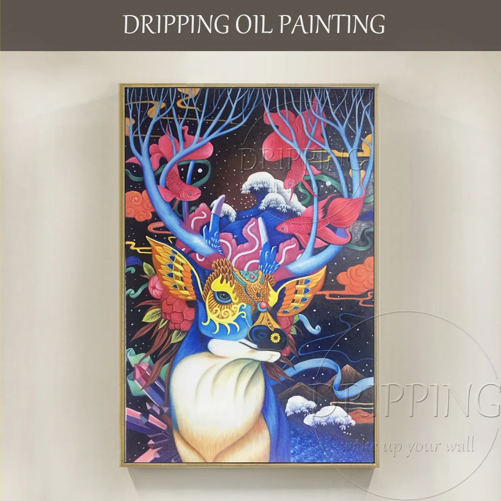 Hand Painted High Quality Abstract Deer Oil Painting Colorful Stag