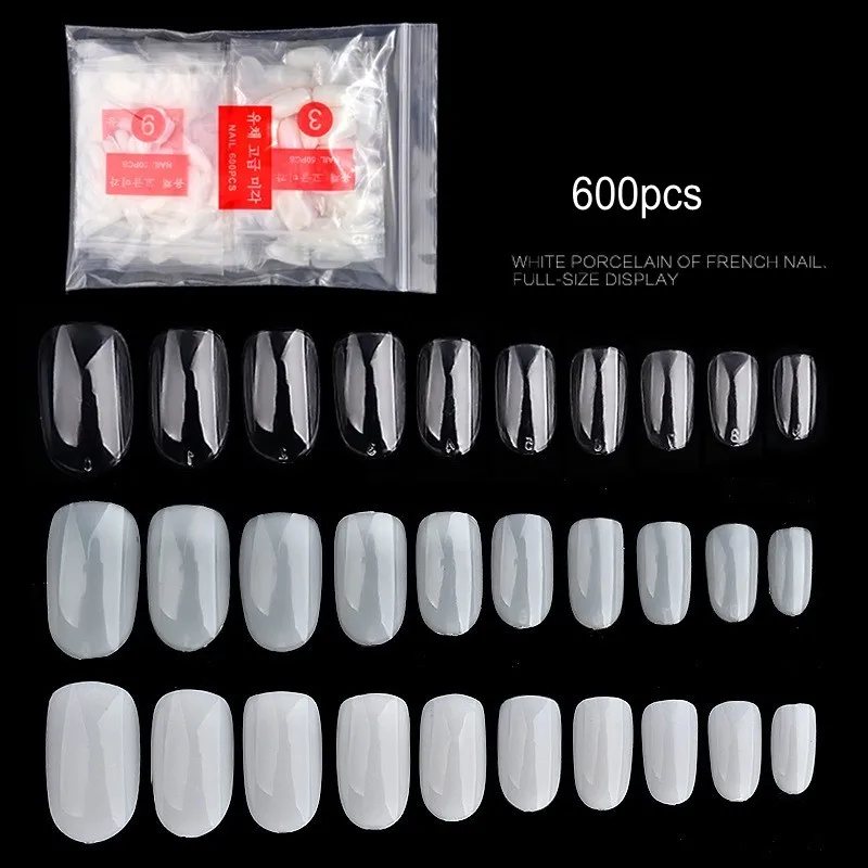 

1 Bag 600PCS Oval Round Short False Nails Tips Natural Full Cover French Fake Nail Art Tips Acrylic Manicure Salon Tools (0#-9#)