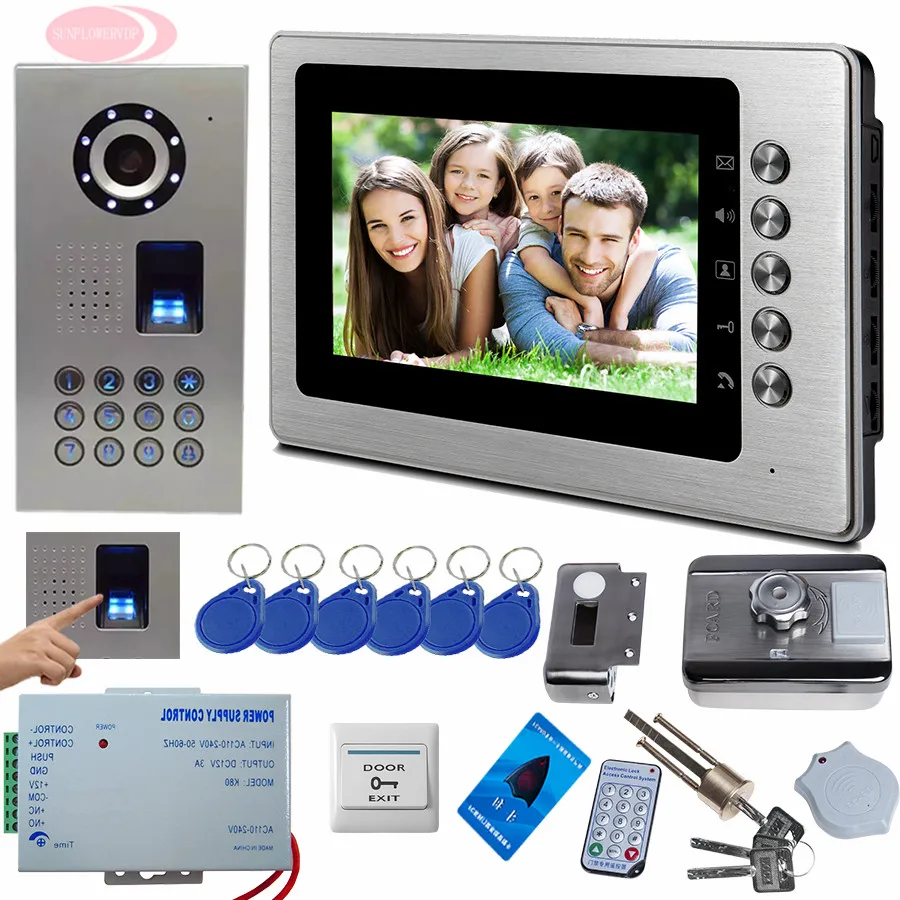 

SUNFLOWERVDP Videophone House 7'' Color TFT Weatherproof Doorbell Rfid Door Lock Video Intercom System Fingerprint/Code Unlock