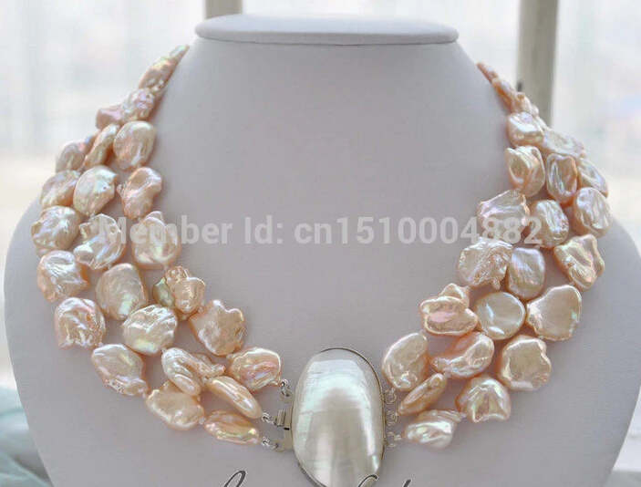 

FREE SHIPPING>>>@@> N238 3strands 19mm BAROQUE pink KESHI REBORN PEARL NECKLACE mabe clasp -Bride jewelry free shipping