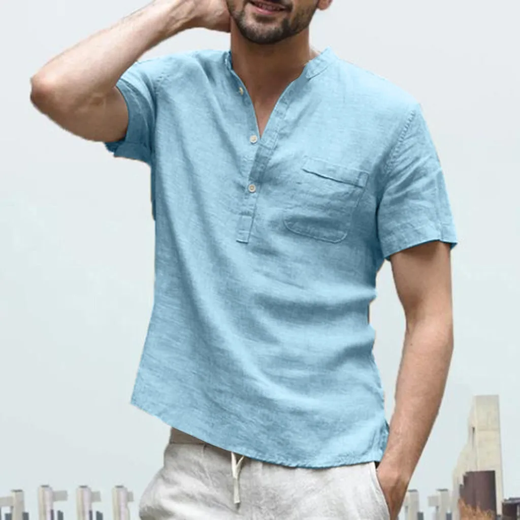 

Plus Size Mens Shirts Summer 2019 Korean Style Men Cotton Linen Solid Color Short Sleeve Retro Men Shirt Camisa Masculina