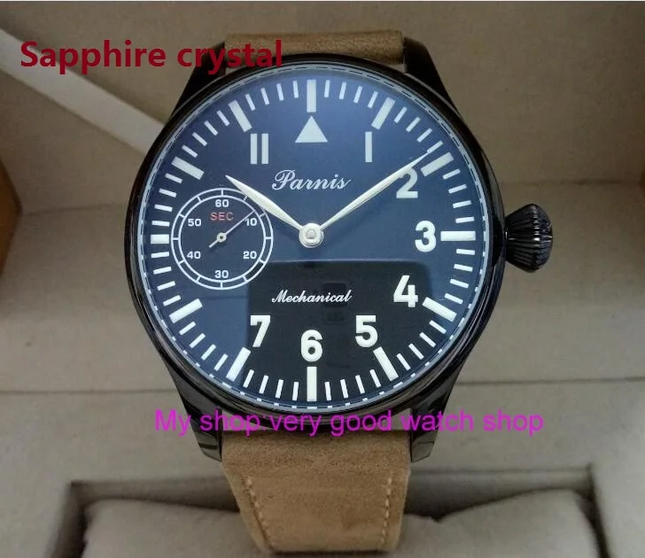 

Sapphire crystal 44mm PARNIS black dial 6497/3600 Mechanical Hand Wind movement PVD case men's watch Mechanical watches 56sy