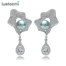 LUOTEEMI Charm CZ Micro Paved Flower With Gray Imitation Pearl Drop Bridal Wedding Dangle Earrings For